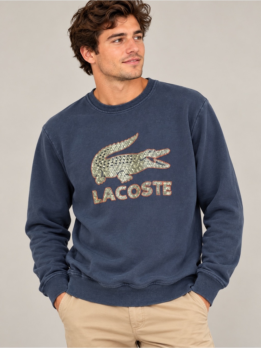 Lacoste Men’s M Navy Crocodile Graphic Crewneck Sweatshirt 100% Cotton